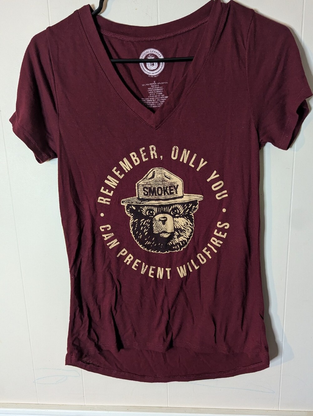 Smokey the Bear Women's T-Shirt S Maroon w/V-Neck Short Sleeve Polyester Blend